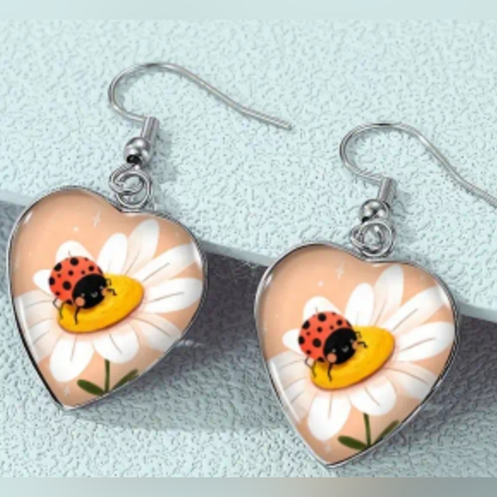 NEW Heart-Shaped‎ Ladybug Pink FlowerCrystal Glass Gift Earrings(#0179)